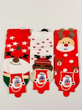 Christmas Holiday Reindeer Fuzzy Ankle Sock Bundle Red Green Brown Hearts Stars